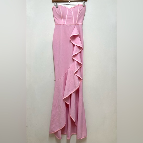 Fashion Nova Strapless Pink Ruffled Dress Front Slit Size S - Picture 1 of 8